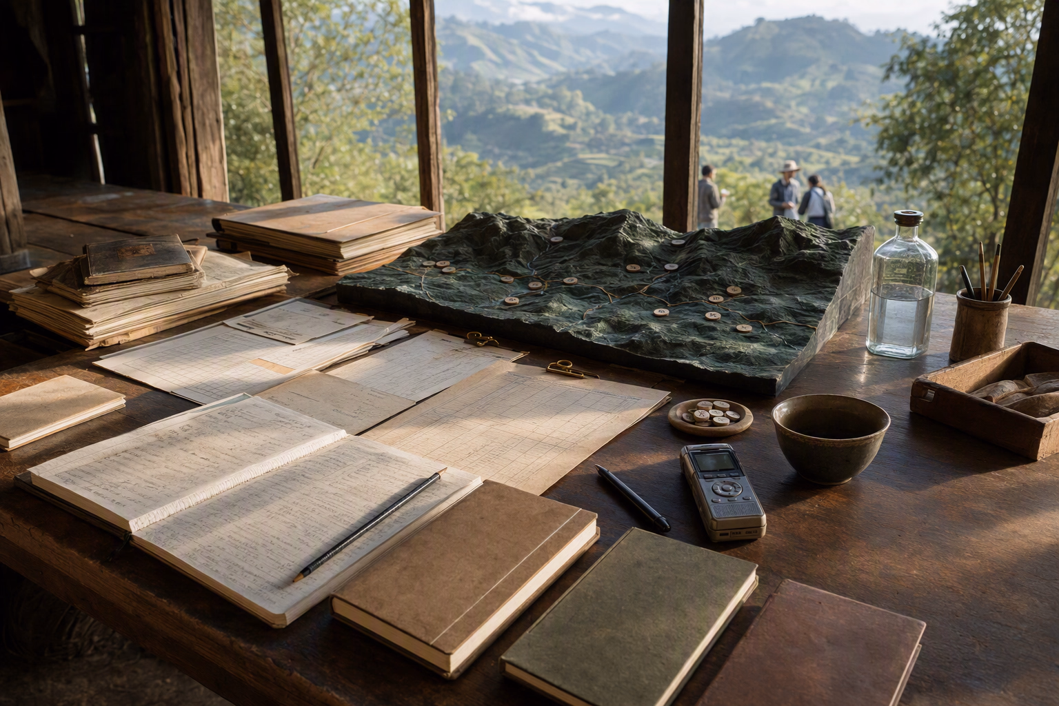 A research table with a hand-built ridge relief, legal folders, census sheets, service-route tokens, and field notebooks arranged as five distinct reading lenses