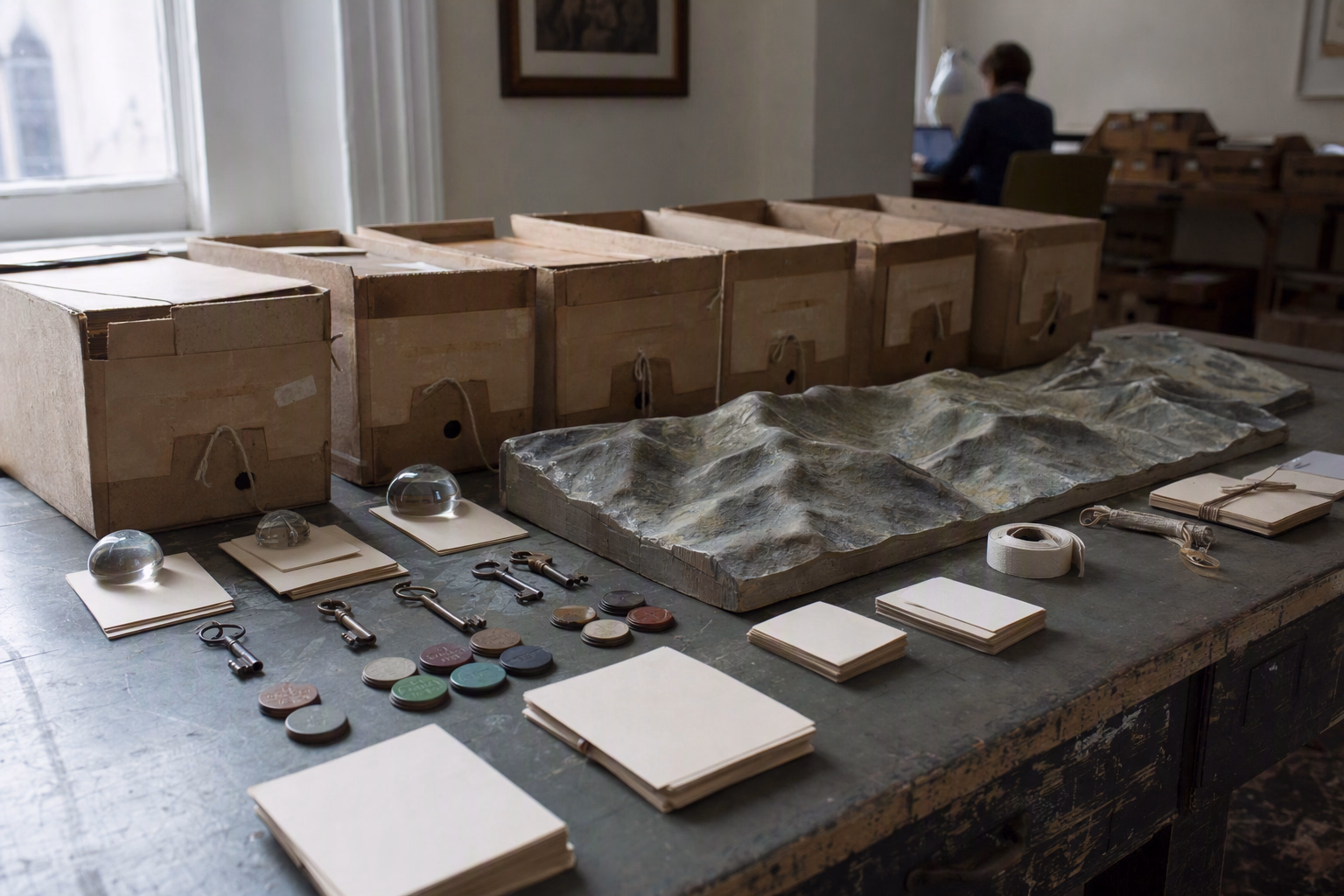 A chronological research table with separate archive boxes, transport tokens, household keys, blank timeline cards, and a generalized hill map kept apart by cohort