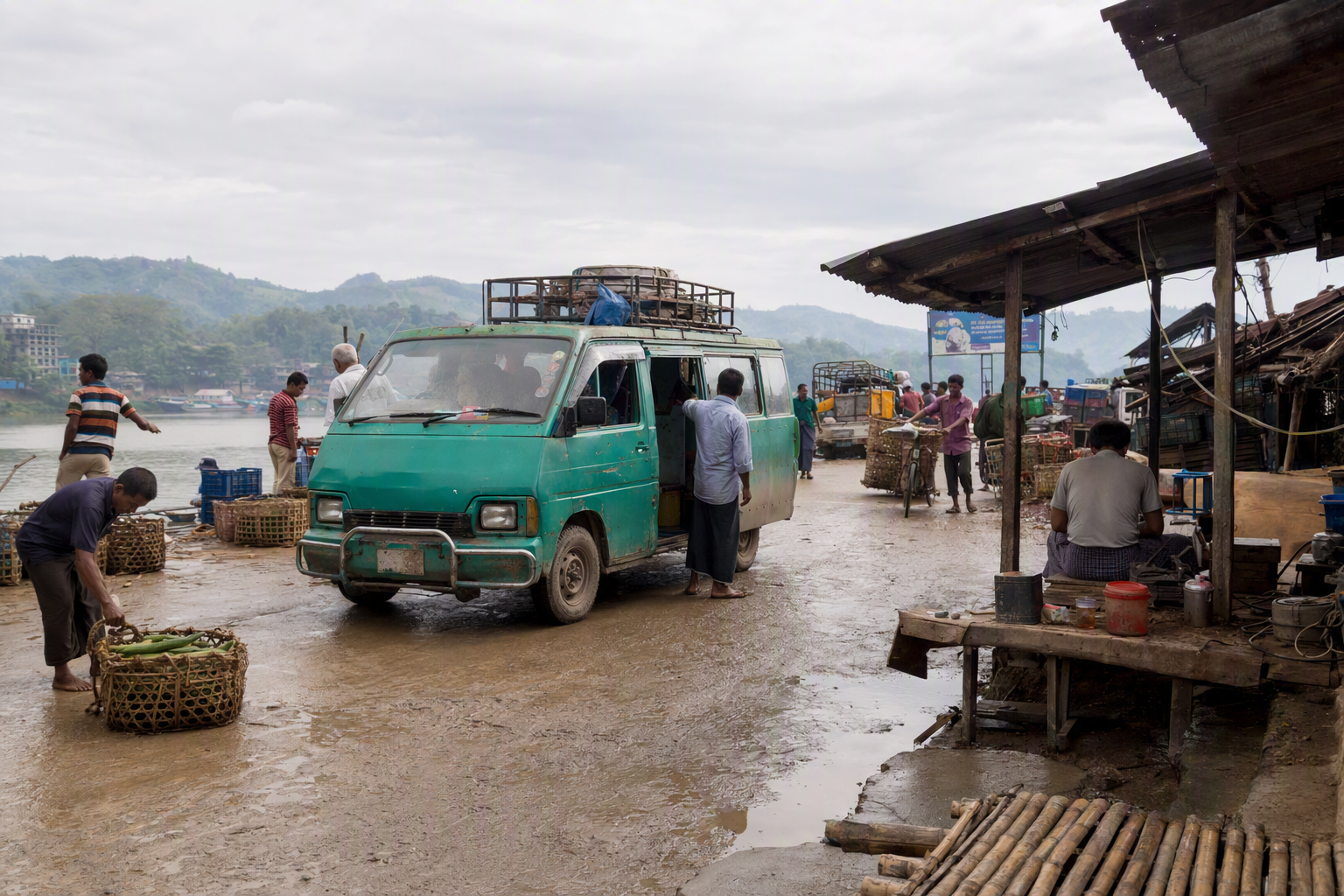 A generalized hill transport and market junction with a shared vehicle, produce baskets, repair tools, tea glasses, and residents