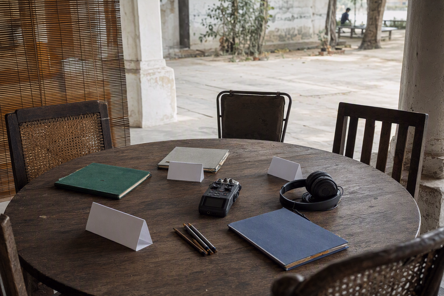 An empty consultation table with blank name cards, audio equipment, notebooks, headphones, and several differently bound language folders