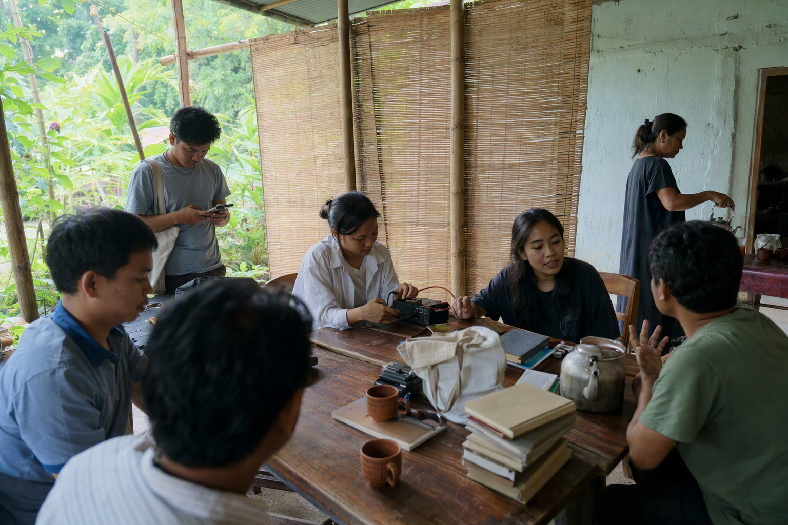 People in a shared contemporary courtyard speaking, reading, and preparing tea