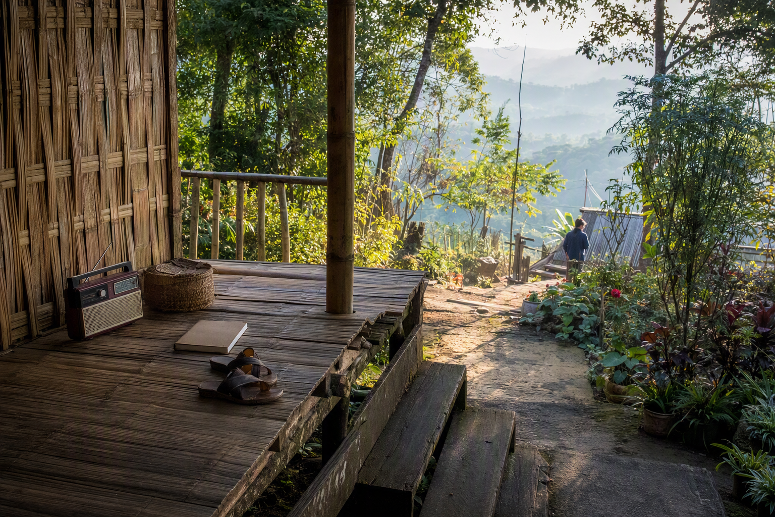 A generalized forest-edge home and path with a bamboo veranda, sandals, a basket, a covered notebook, a radio, and garden plants