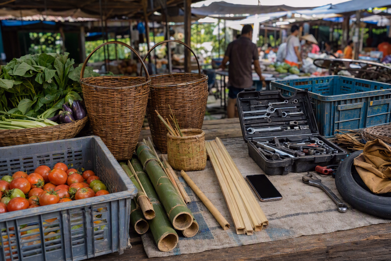 A market worktable with seasonal produce, woven baskets, bamboo craft materials, a repair toolkit, a mobile phone, and transport crates