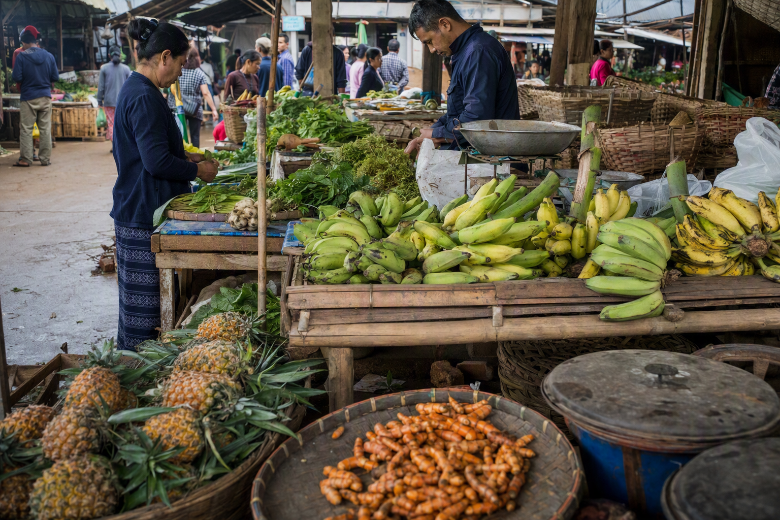 A hill market with bananas, pineapples, turmeric, vegetables, woven baskets, goods crates, vendors, and customers