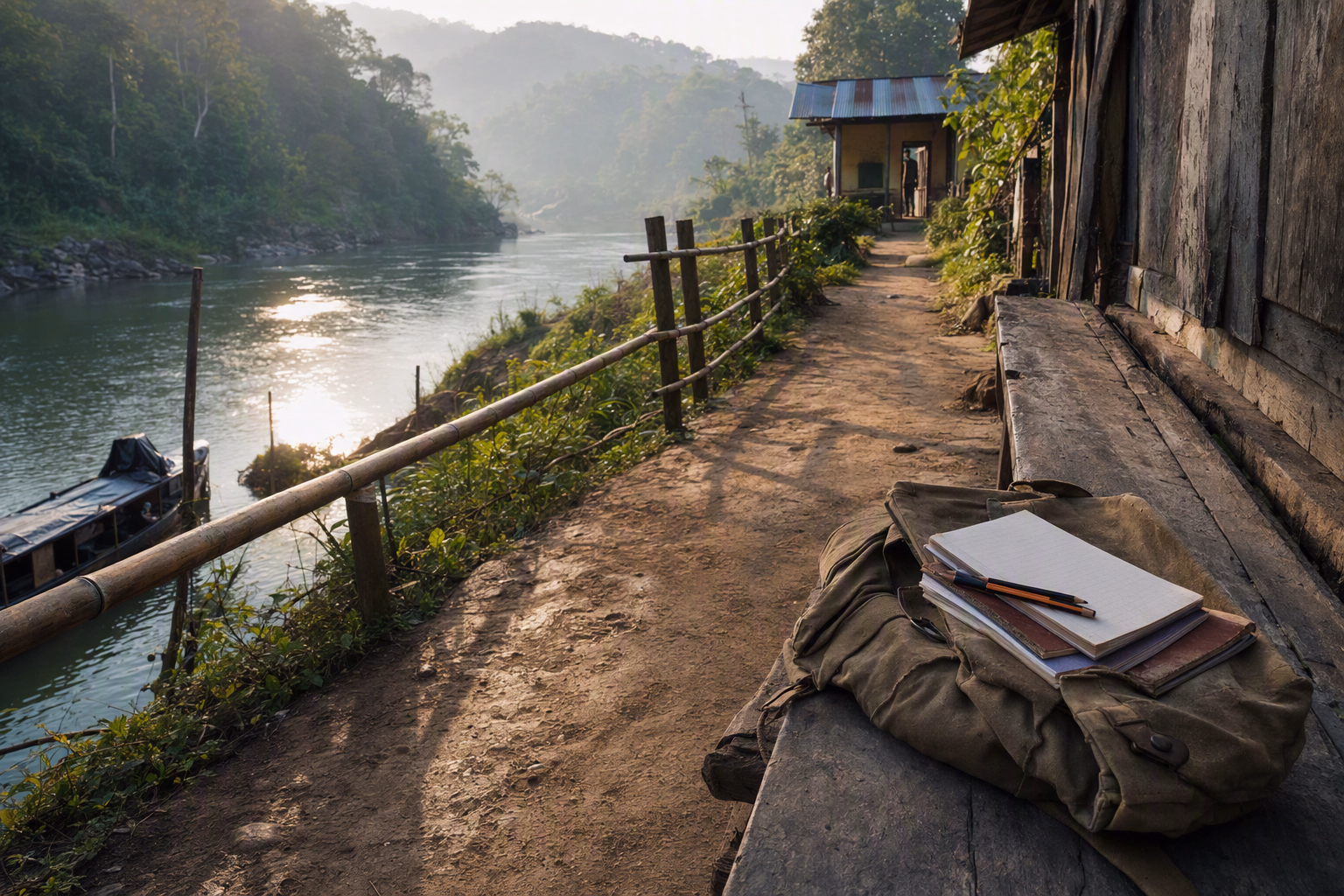 An empty morning school journey with a footpath, boat landing, satchel, blank exercise books, pencils, and a classroom doorway in the distance