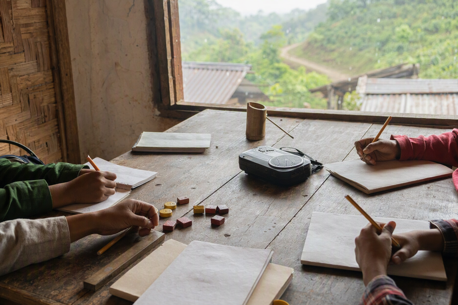 A worn classroom table with blank exercise books, pencils, counting pieces, an audio player, and students’ hands learning