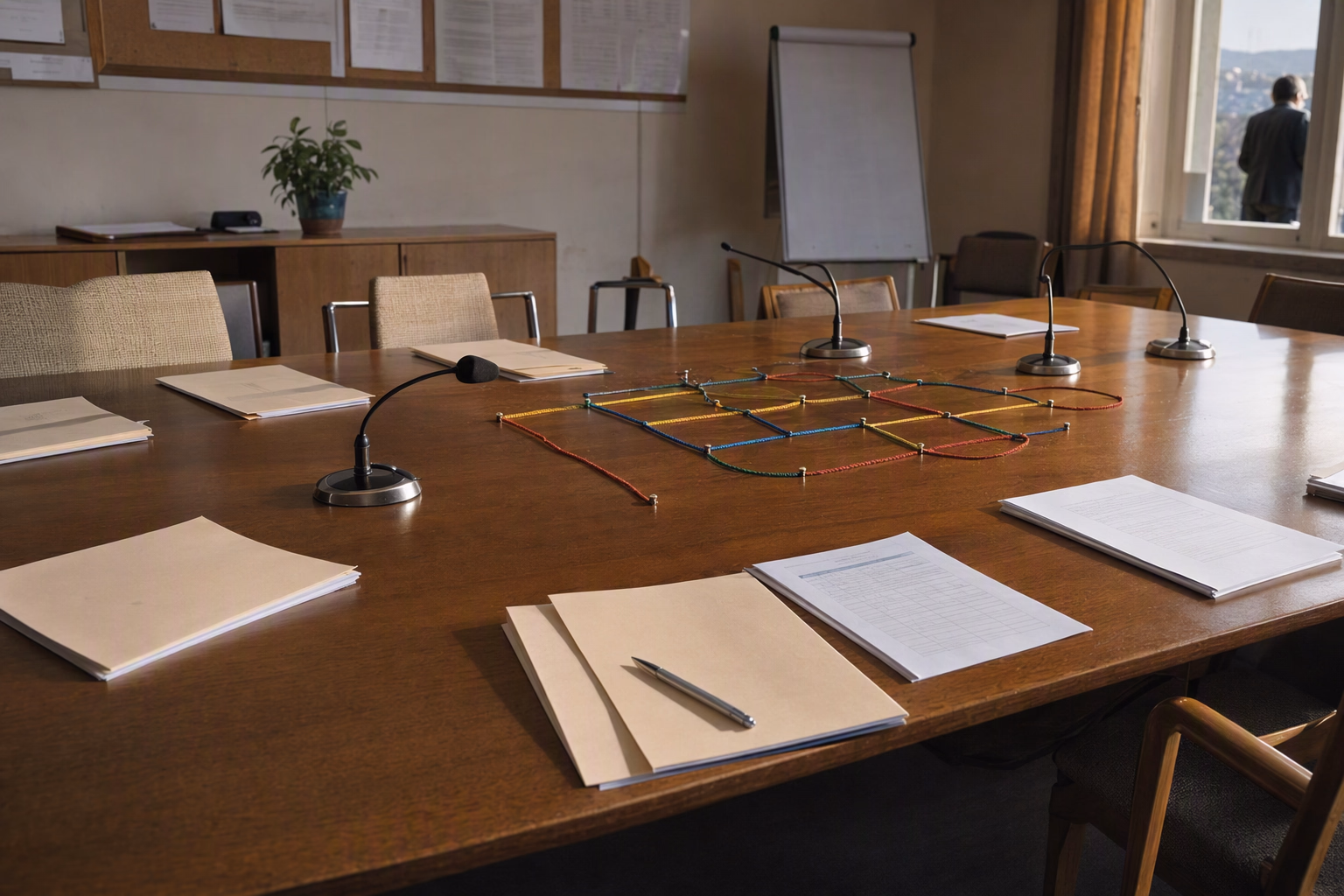 An empty public meeting table with separate folders, microphones, budget sheets, an organizational diagram made from cords, and an open visitor chair