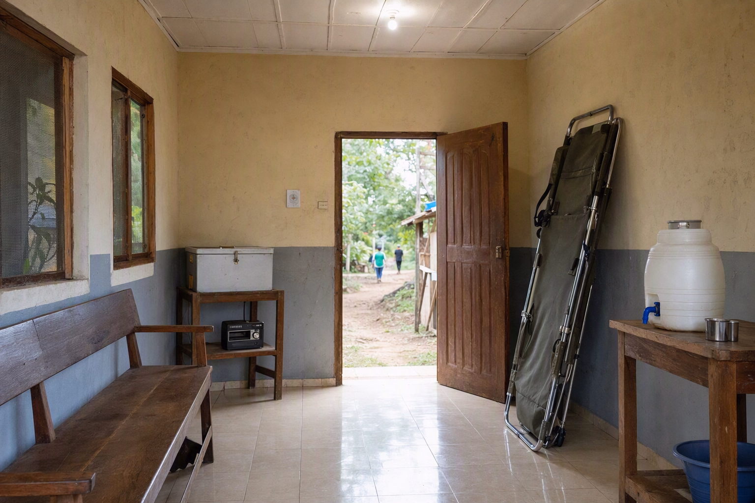 A modest clinic referral point with an empty bench, covered medical box, radio, clean water station, transport stretcher, and route visible outside