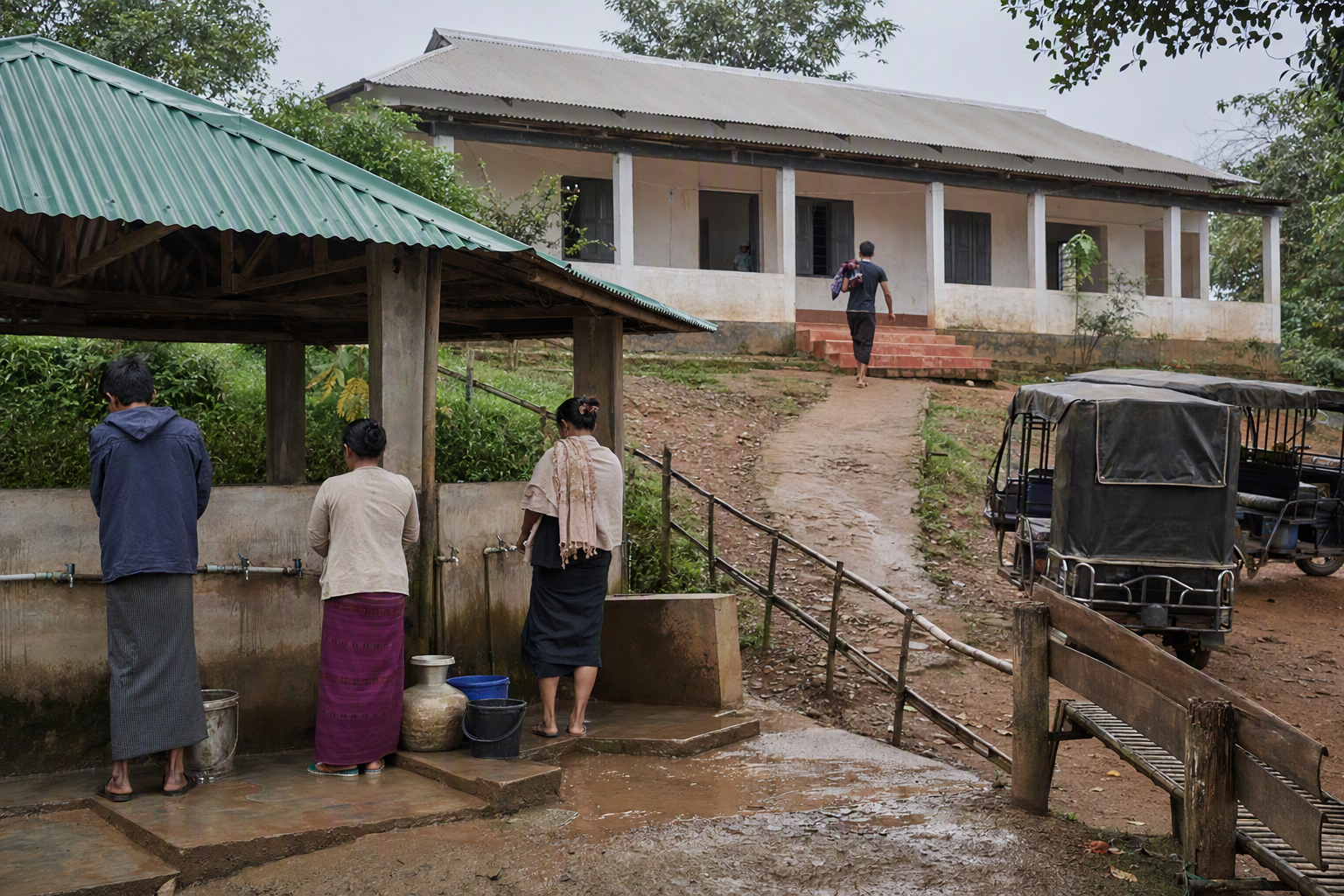A modest hill clinic-like building above a public path, with a covered water point and shared transport nearby