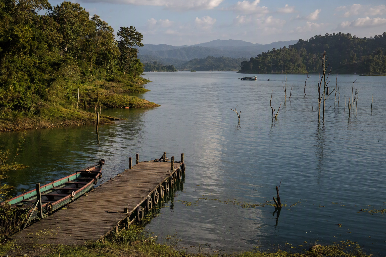 Kaptai Lake winding between forested hills, with a weathered empty jetty, a distant boat, and irregular shorelines