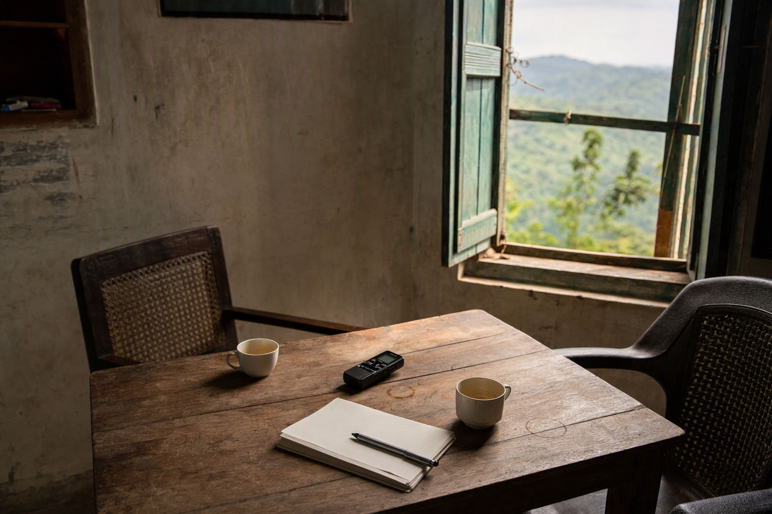 An empty oral-history table with mismatched chairs, a switched-off recorder, blank notebook, two tea cups, and green ridges through a window