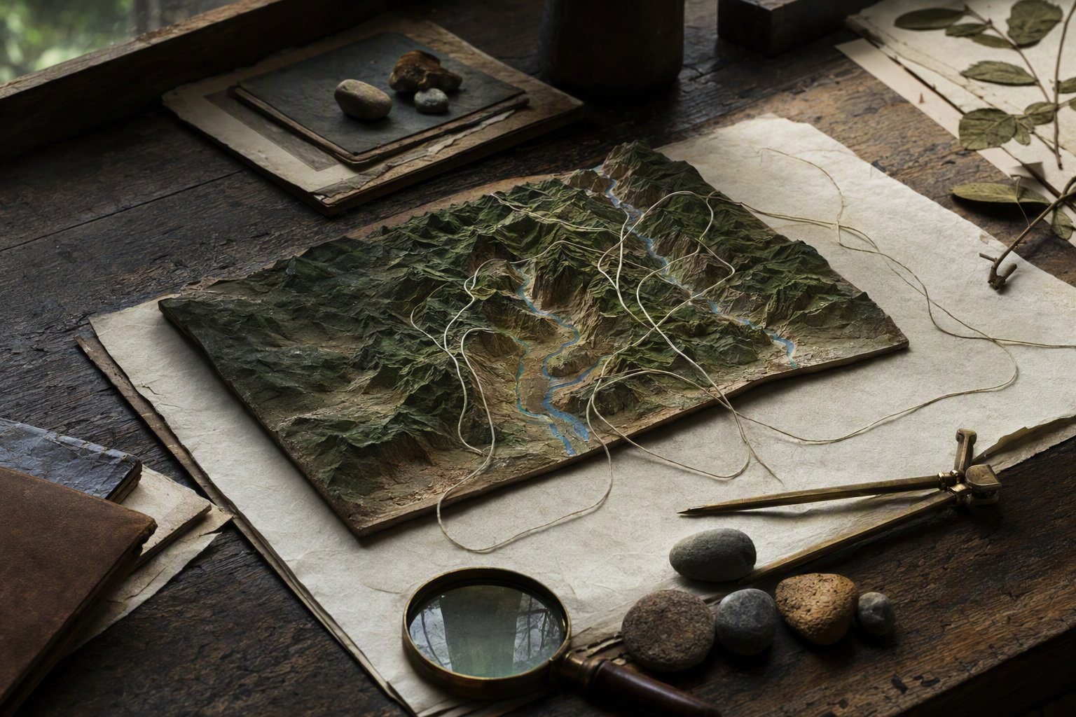 An interpretive study table with an unlabeled terrain model, thread, stones, leaves, and research tools