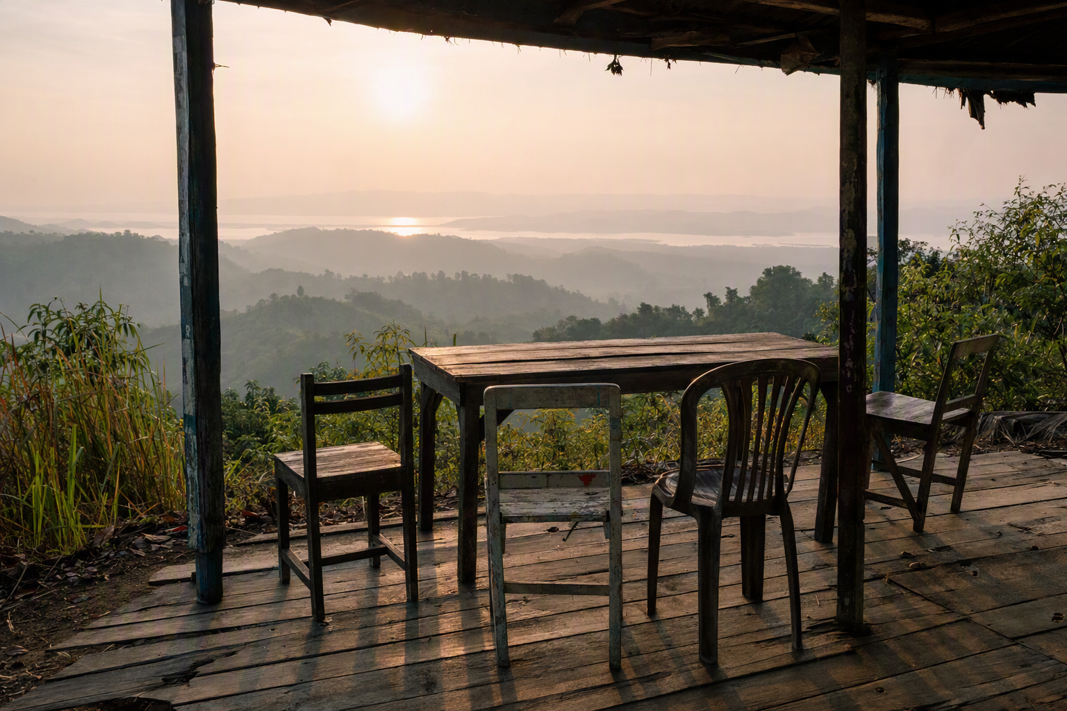An unoccupied ridge meeting shelter at dawn, with a timber table and mismatched chairs facing misty hills and distant water
