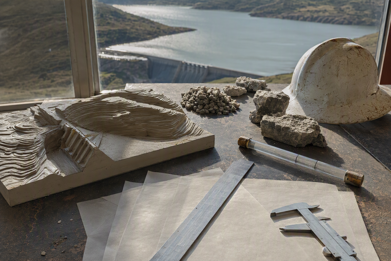 A contemporary research-table scene with reservoir contours, engineering drawings, measuring tools, and separate dated milestone notes