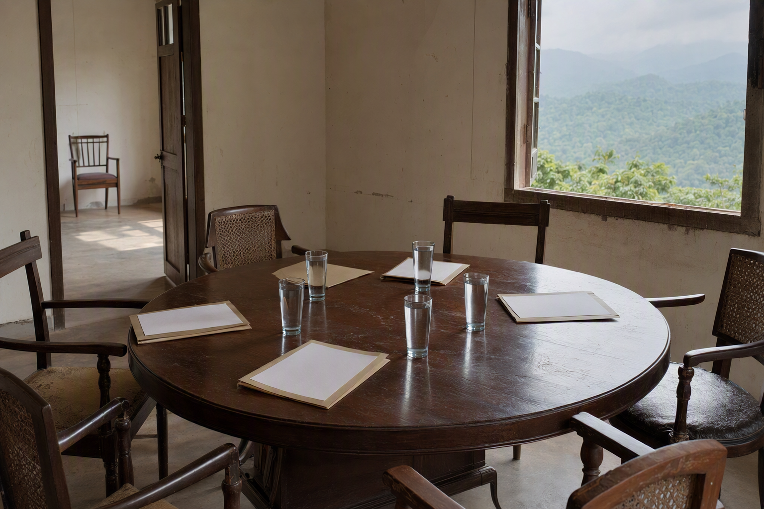 An unoccupied round timber table with equal chairs, blank folders, water glasses, an open doorway, and hill ridges beyond a window