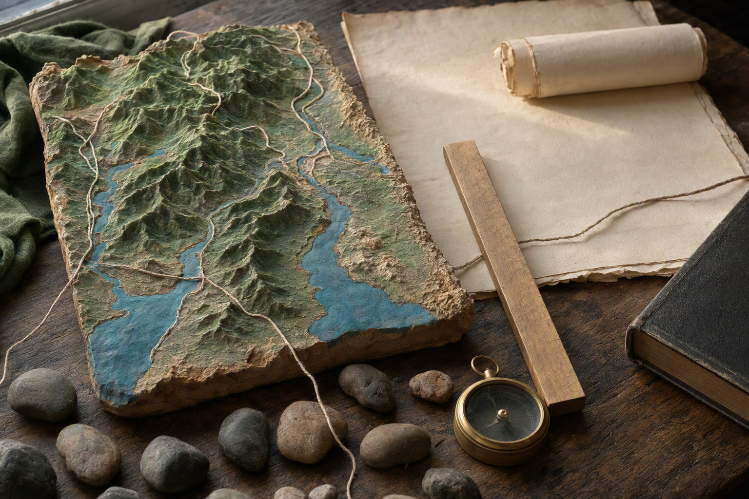 A contemporary research still life with a handmade ridge relief, plain papers, route cords, pebbles, a ruler, and a compass