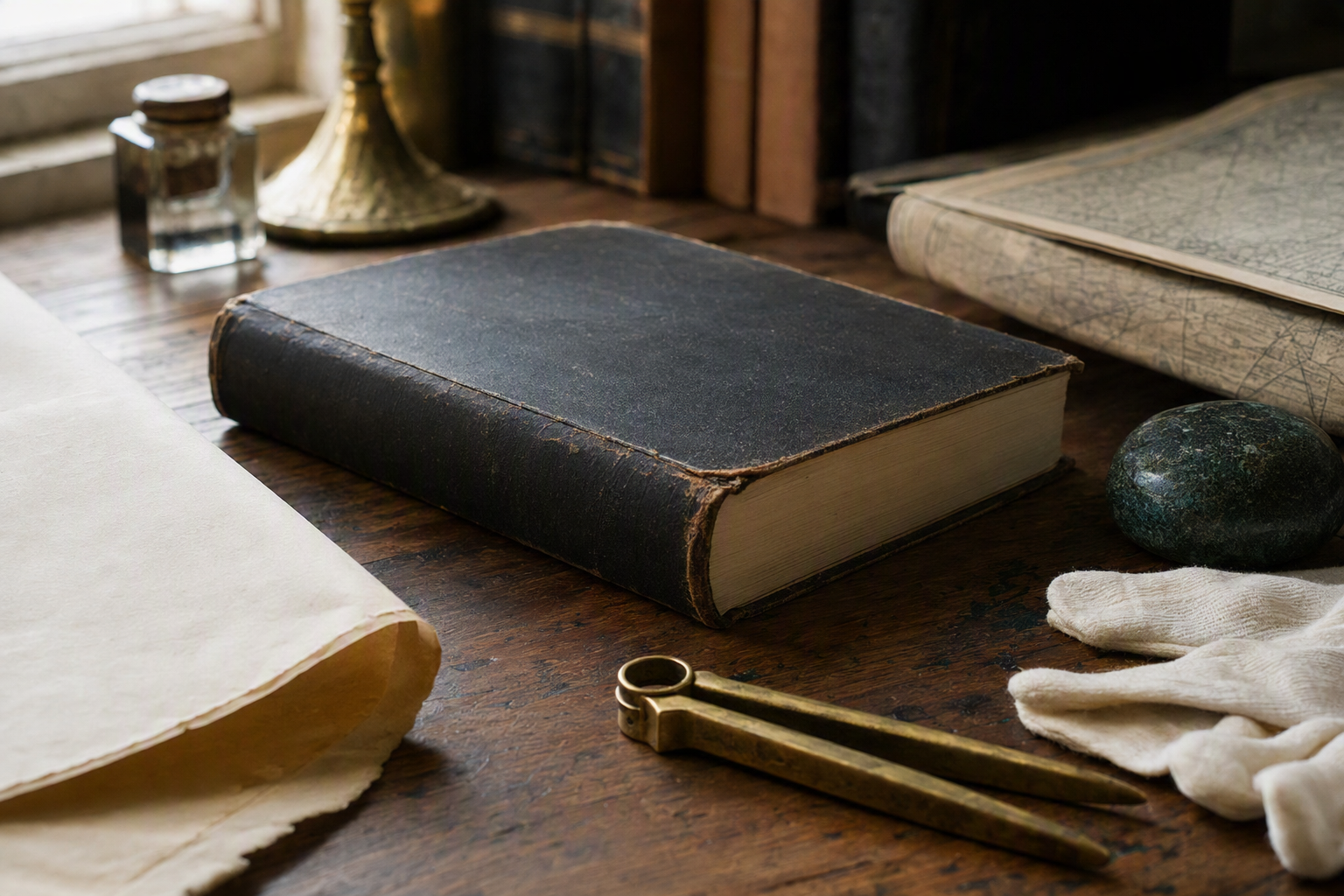 A blank-spined law volume on a worn timber desk beside plain parchment, a brass divider, cotton gloves, a folded sheet, and a stone paperweight