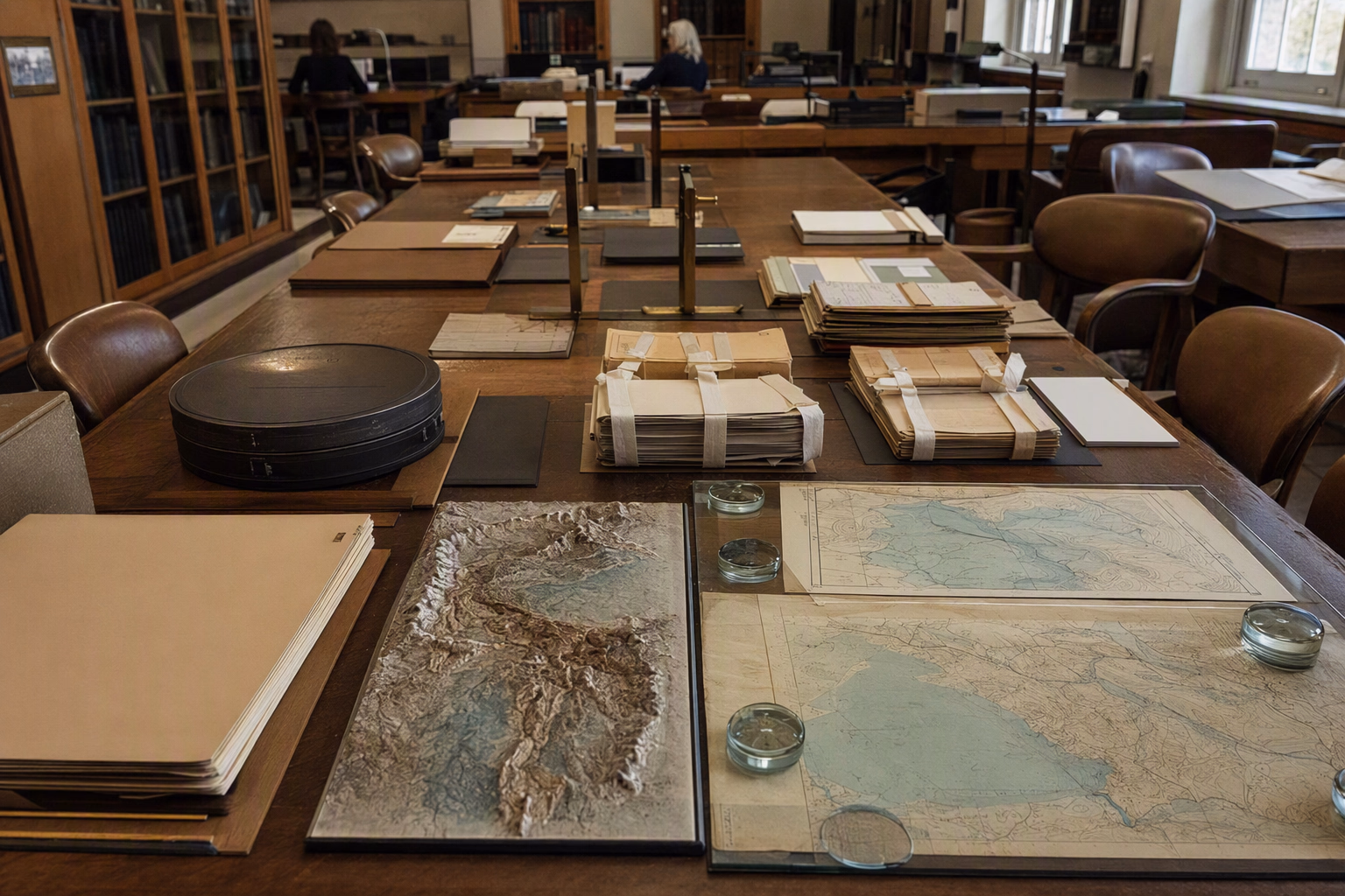 A long archive table divided into eras with blank folders, a terrain relief, reservoir contour sheets, negotiation notes, and a modern review card