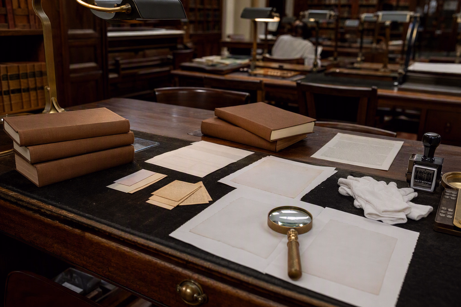 A legal reading desk with closed statute volumes, amendment slips, parallel language sheets, a date stamp, cotton gloves, and a magnifier