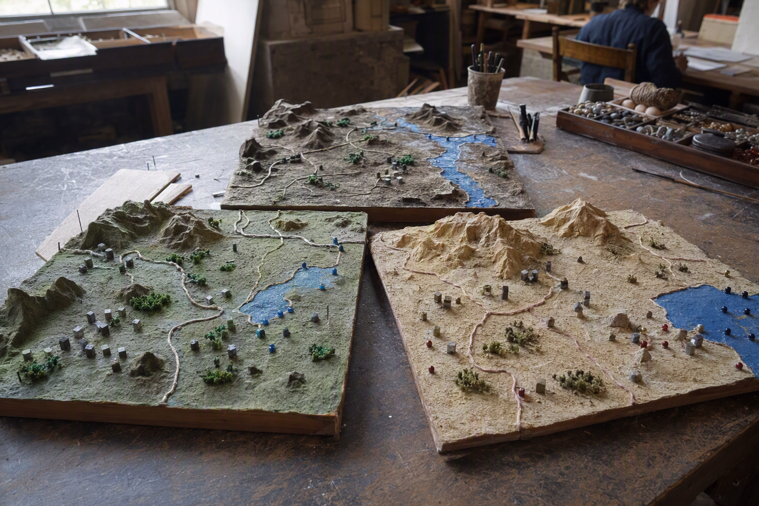 Three distinct hand-built district reliefs on one atlas table, with separate water, ridge, road, and settlement markers and no boundary labels