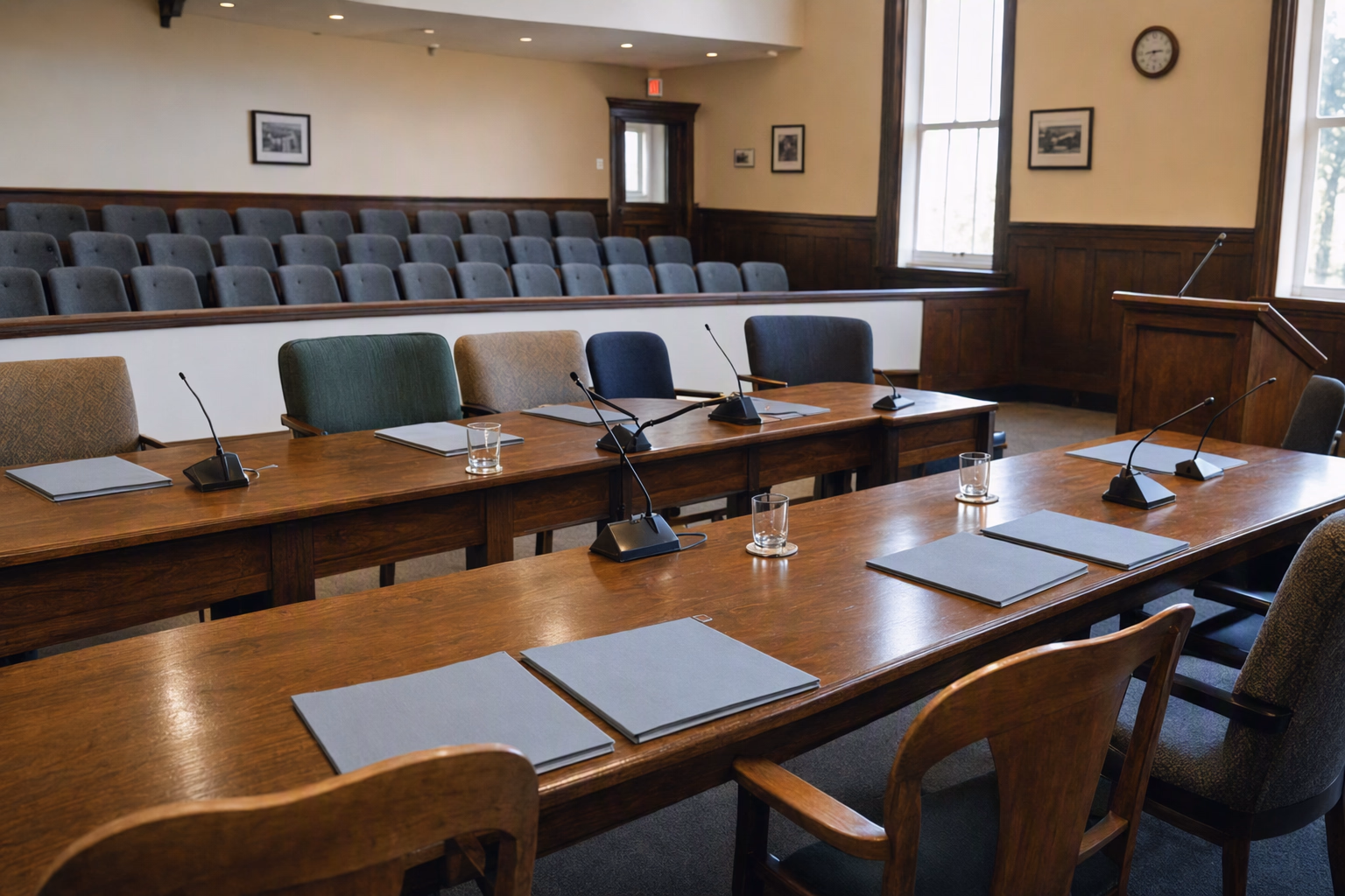 An unoccupied civic committee room with evenly spaced chairs, blank agenda folders, switched-off microphones, and a public gallery beyond
