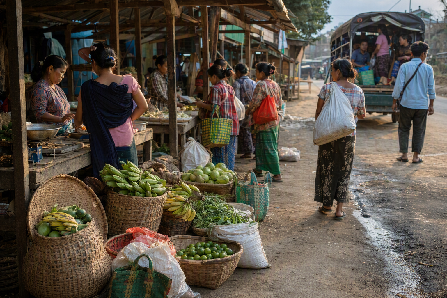A late-day hill market edge with staple and seasonal foods, shared transport, and residents making everyday purchases