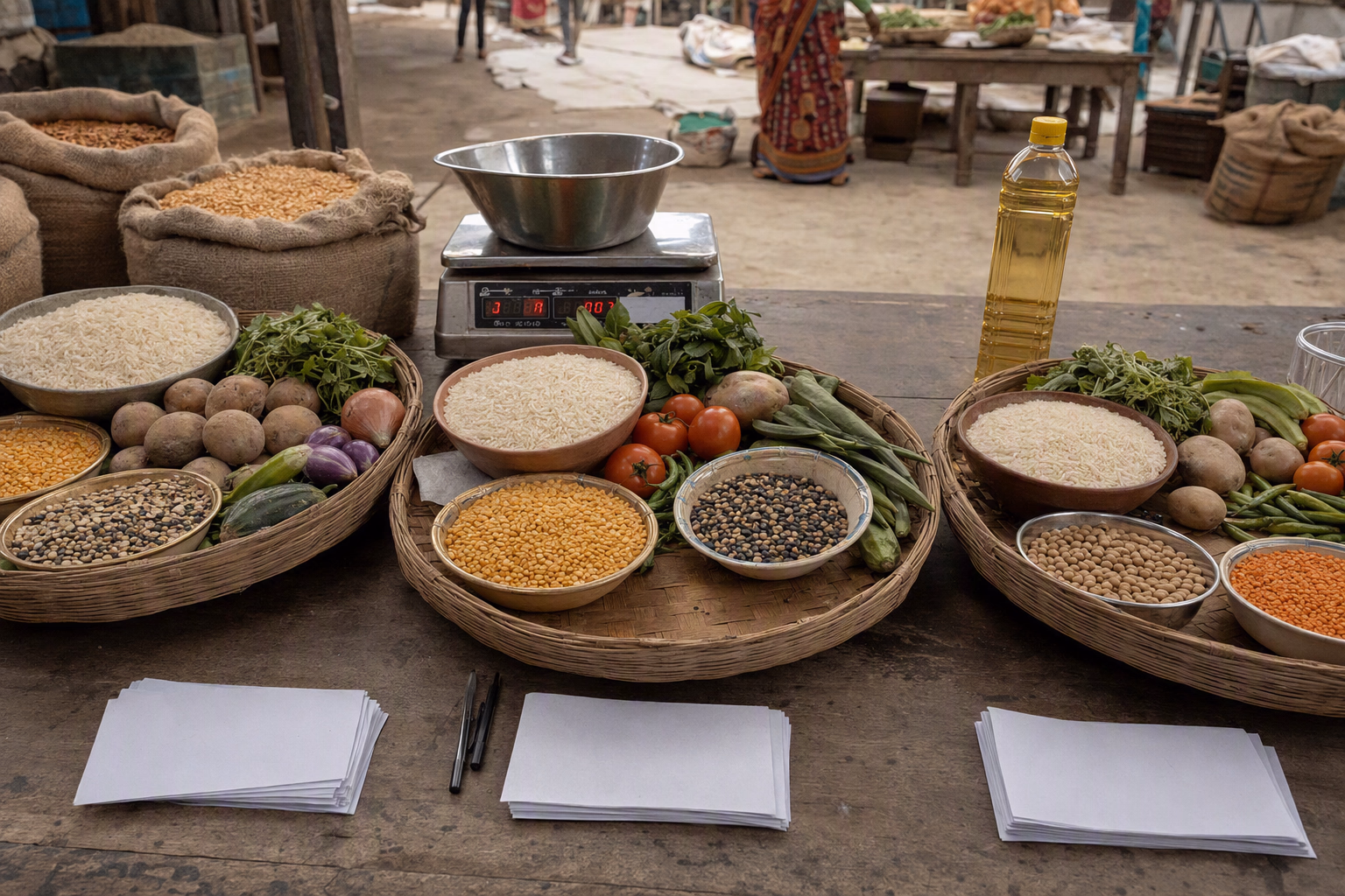A neutral market-basket study with rice, pulses, vegetables, cooking oil, a weighing scale, price slips without figures, and three separate district trays