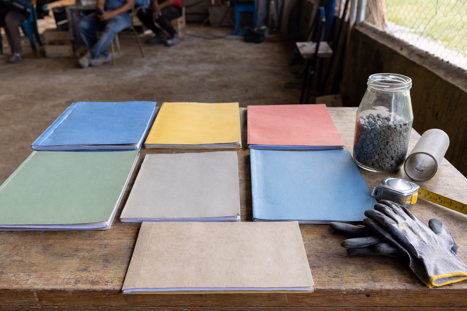 A project-audit desk with seven separate blank folders beside a pipe sample, aggregate jar, measuring tape and inspection gloves