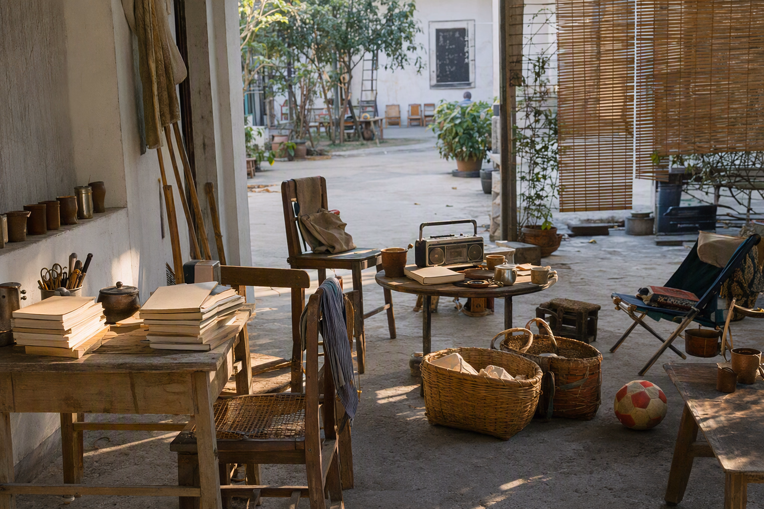 A shared courtyard after an event with books, a football, tea cups, a radio, craft tools, market baskets, and several open seating areas