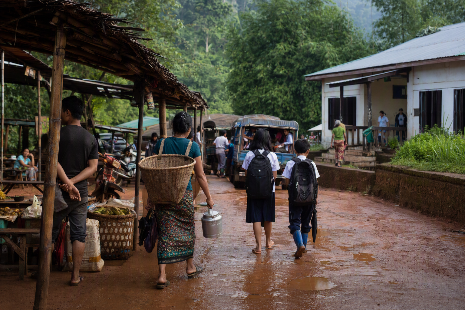 A hill road connecting homes, a market, transport, and public service buildings