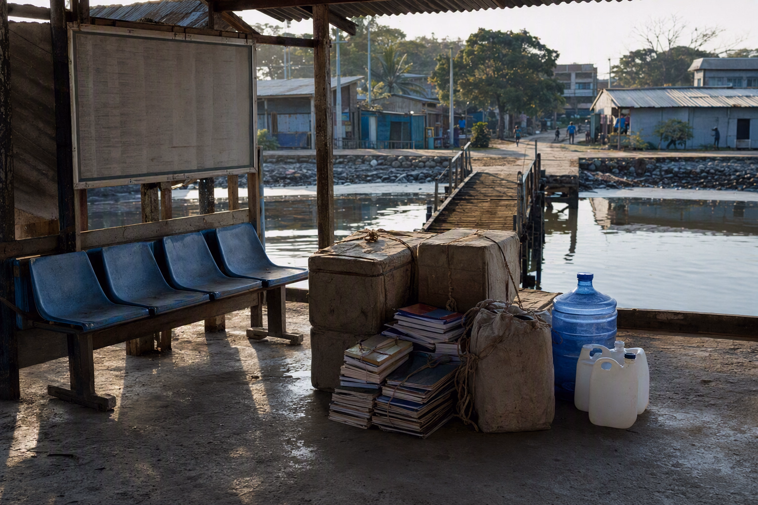 A shared transport landing with an empty passenger bench, covered supply boxes, school materials, water containers, and distant public buildings